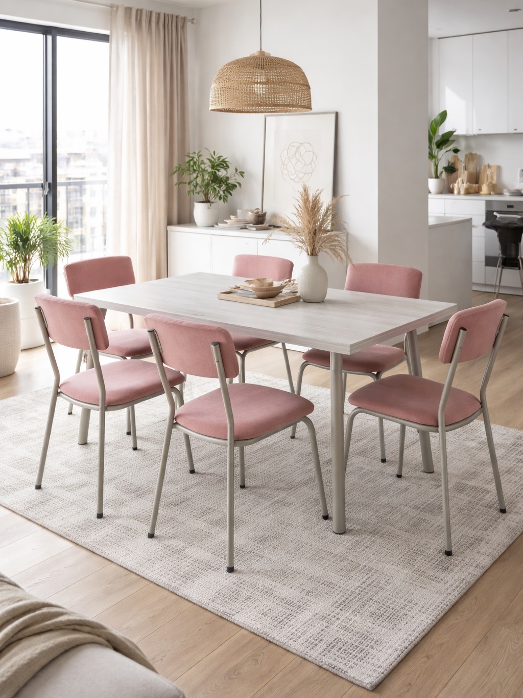 Juego de Comedor LYON Mesa 1.60 + 6 Sillas Rosa