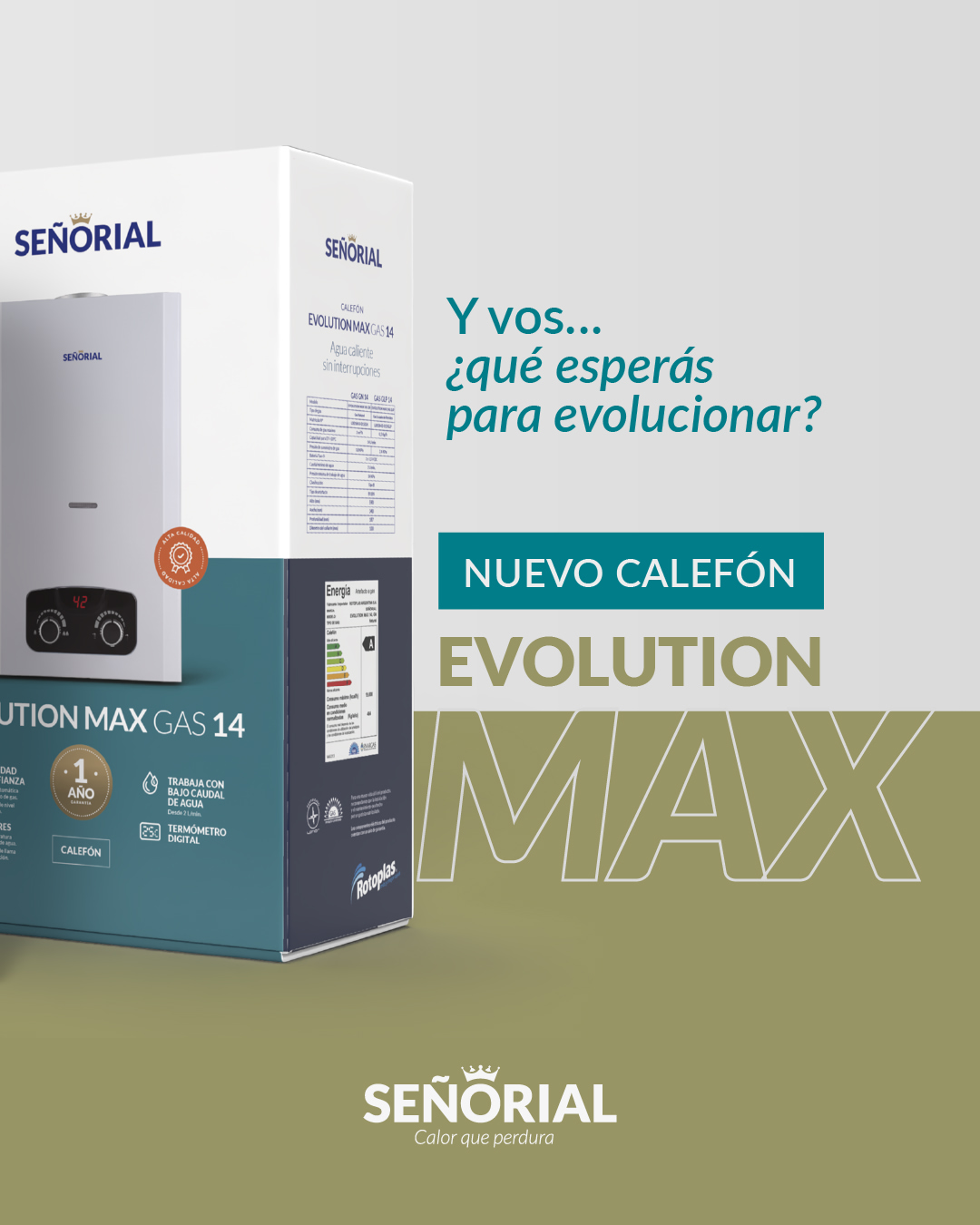 Calefon 14 Lts EVOLUTION MAX GN14 Sin Llama Piloto SEÑORIAL